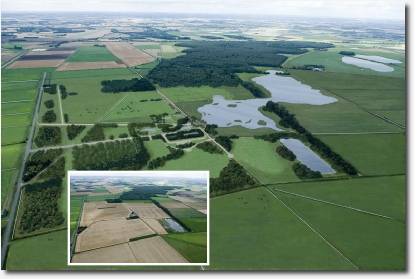 Great Fen Project aerial perspective view by MC Wood, showing new visitor hub proposals