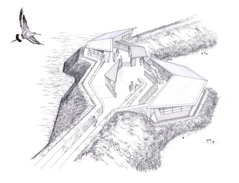 Titchwell aerial perspective of new Parrinder hide by MC Wood for Haysom Ward Miller Architects