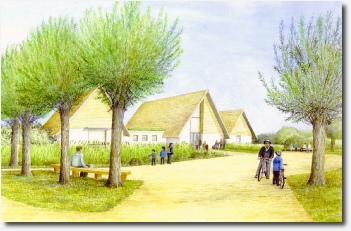 Great Fen Project visitor centre, illustration by MC Wood, based on building concept by Laurie Wood Architects
