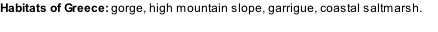 Habitats of Greece: gorge, high mountain slope, garrigue, coastal saltmarsh.